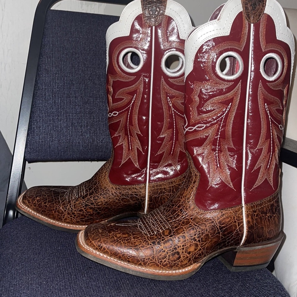 Size-10 Burgundy and Leopard Print Ariat Western Boots